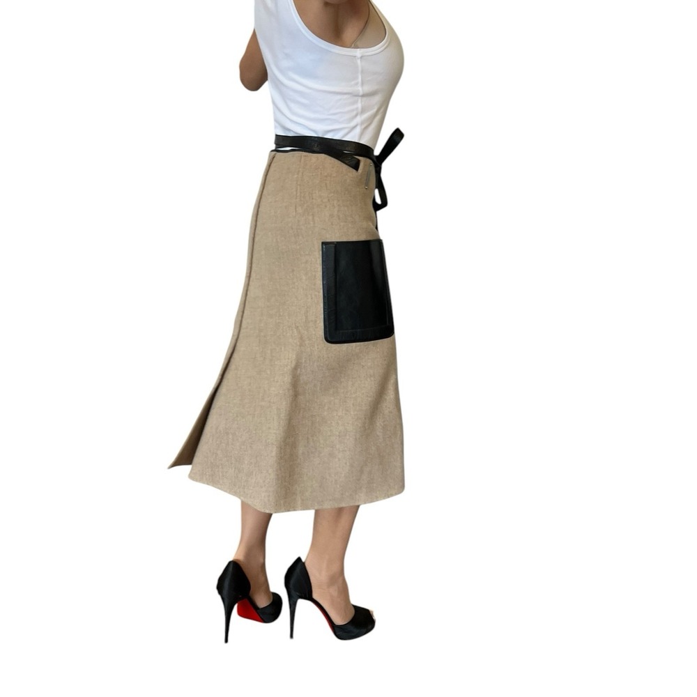 PETER DO Double-face Wool Belted Wrap Midi Skirt Leather Trim Light Camel 38 6 - Picture 11 of 16